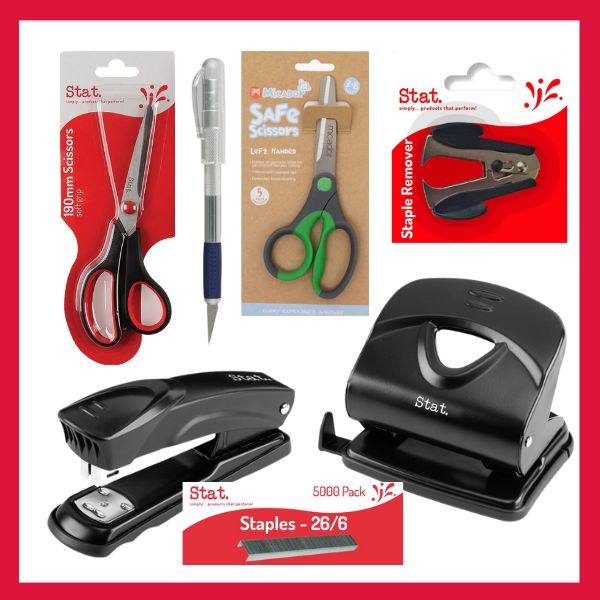 Staplers and scissors and hole punches
